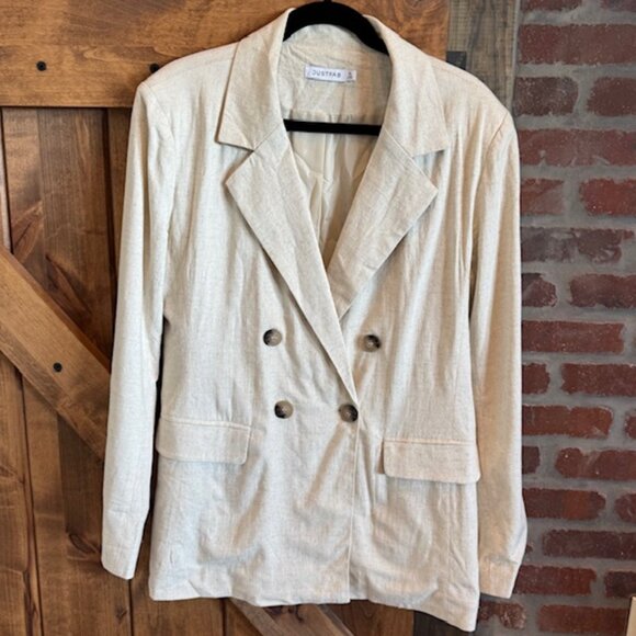 JustFab Linen-Blend Double-Breasted Blazer Beige Women's – Size XL - Picture 2 of 9